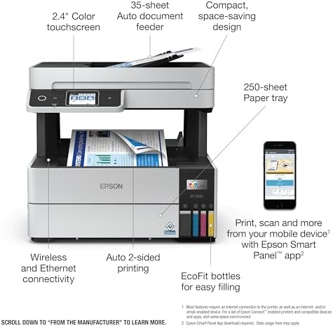 Epson EcoTank Pro ET 5170 Wireless Color All in One Supertank Printer with Scanner  Copier  Fax Plus Auto Document Feeder White Large