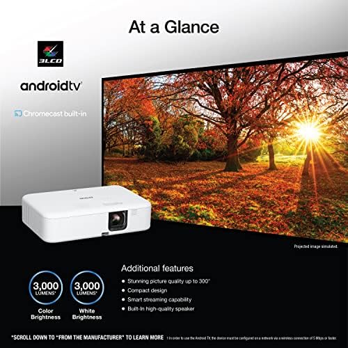 Epson EpiqVision Flex CO FH02 Full HD 1080p Smart Streaming Portable Projector  3 Chip 3LCD  3 000 Lumen Color/White Brightness  Android TV  Bluetooth  5W Speaker  Home Entertainment  Renewed 
