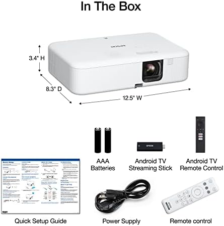 Epson EpiqVision Flex CO FH02 Full HD 1080p Smart Streaming Portable Projector  3 Chip 3LCD  3 000 Lumen Color/White Brightness  Android TV  Bluetooth  5W Speaker  Home Entertainment  Renewed 