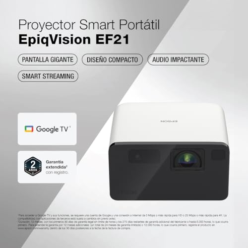Epson EpiqVision Mini EF21 Portable Smart Laser Projector  Bright 1 000 Lumens  FHD 1080p HDR  3 Chip 3LCD  Google TV  Netflix  Stereo Speakers  Family Party/Outdoor Backyard/Home Theater   White
