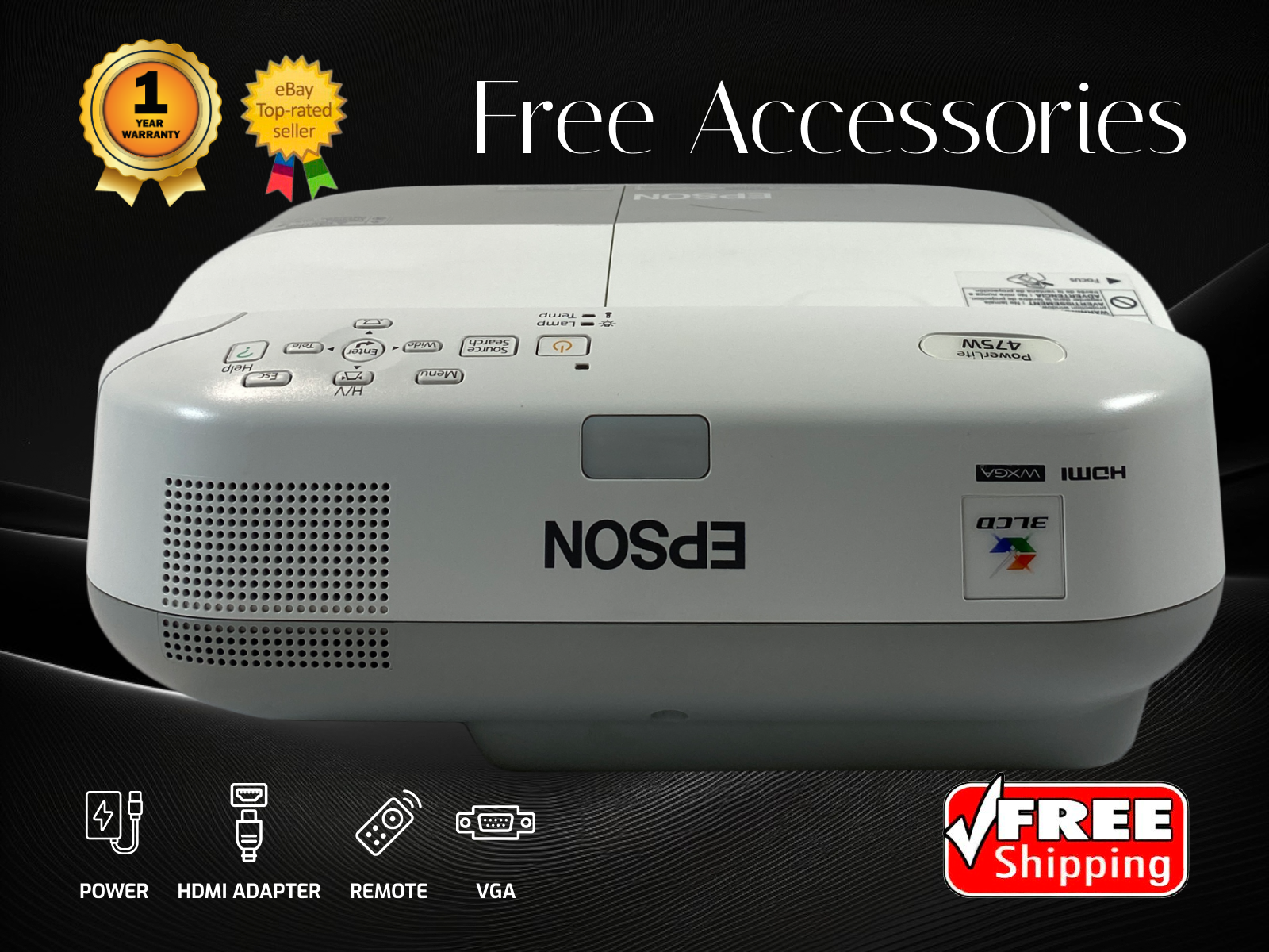 Epson PowerLite 475W 3LCD Projector Ultra Short Throw H455A HDMI LAN w/Bundle