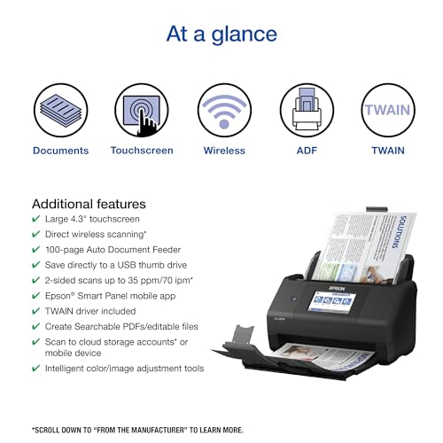 Epson Workforce ES 580W Wireless Color Duplex Desktop Document Scanner for PC and Mac with 100 sheet Auto Document Feeder  ADF  and Intuitive 4 3 Touchscreen