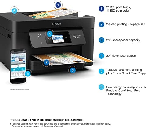 Epson Workforce Pro WF 3823 Wireless All in One Printer with Auto 2 Sided Printing  35 Page ADF  250 Sheet Paper Tray and 2 7 Color Touchscreen  Black