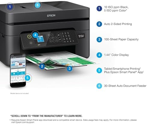 Epson Workforce WF 2930 Wireless All in One Printer with Scan  Copy  Fax  Auto Document Feeder  Automatic 2 Sided Printing and 1 4 Color Display Black