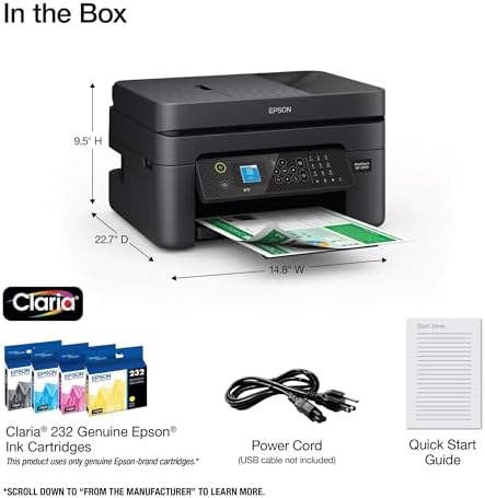 Epson Workforce WF 2930 Wireless All in One Printer with Scan  Copy  Fax  Auto Document Feeder  Automatic 2 Sided Printing and 1 4 Color Display Black