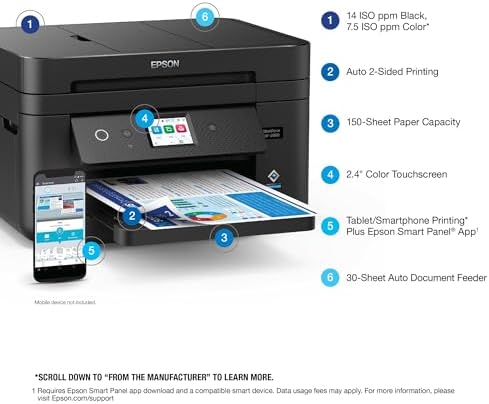 Epson Workforce WF 2930 Wireless All in One Printer with Scan  Copy  Fax  Auto Document Feeder  Automatic 2 Sided Printing and 1 4 Color Display Black