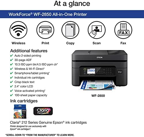 Epson Workforce WF 2930 Wireless All in One Printer with Scan  Copy  Fax  Auto Document Feeder  Automatic 2 Sided Printing and 1 4 Color Display Black