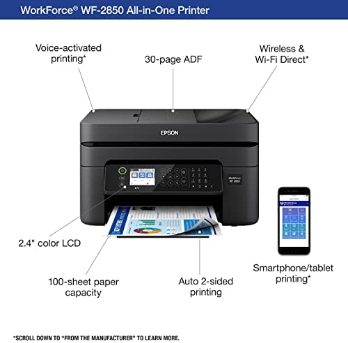 Epson Workforce WF 2930 Wireless All in One Printer with Scan  Copy  Fax  Auto Document Feeder  Automatic 2 Sided Printing and 1 4 Color Display Black