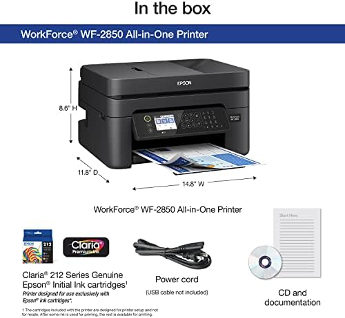 Epson Workforce WF 2930 Wireless All in One Printer with Scan  Copy  Fax  Auto Document Feeder  Automatic 2 Sided Printing and 1 4 Color Display Black