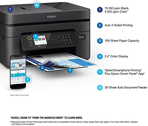 Epson Workforce WF 2930 Wireless All in One Printer with Scan  Copy  Fax  Auto Document Feeder  Automatic 2 Sided Printing and 1 4 Color Display Black