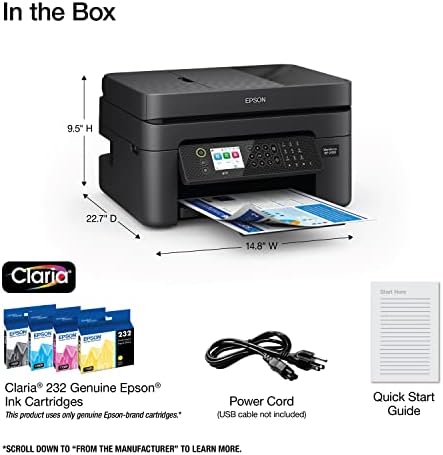 Epson Workforce WF 2930 Wireless All in One Printer with Scan  Copy  Fax  Auto Document Feeder  Automatic 2 Sided Printing and 1 4 Color Display Black