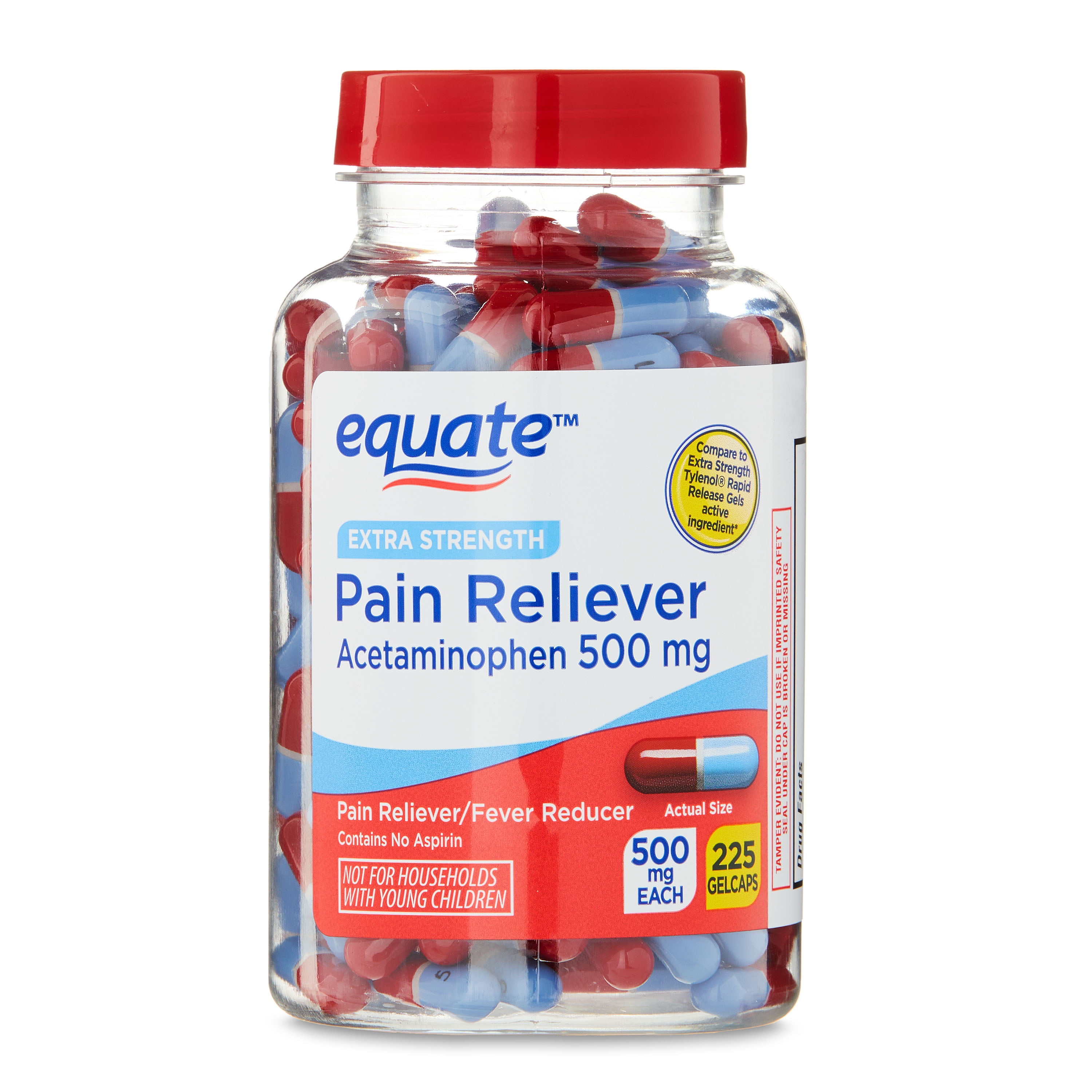 Equate Extra Strength Pain Reliever Acetaminophen Gel Caps  500mg  Pain Reliever/Fever Reducer  Easy Open Cap  225 Count  Compare to Tylenol  Extra Strength Rapid Release Gels Active Ingredient