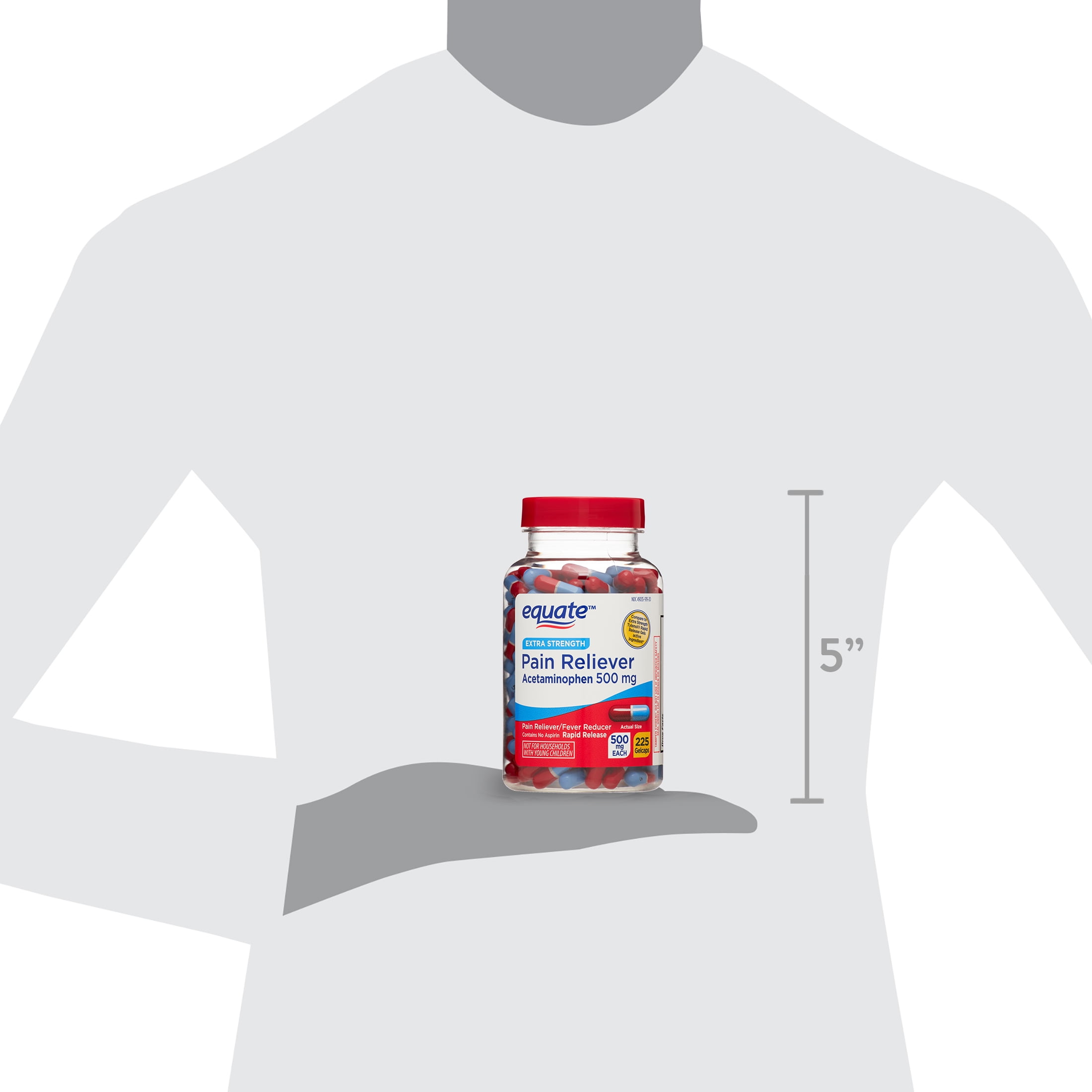 Equate Extra Strength Pain Reliever Acetaminophen Gel Caps  500mg  Pain Reliever/Fever Reducer  Easy Open Cap  225 Count  Compare to Tylenol  Extra Strength Rapid Release Gels Active Ingredient