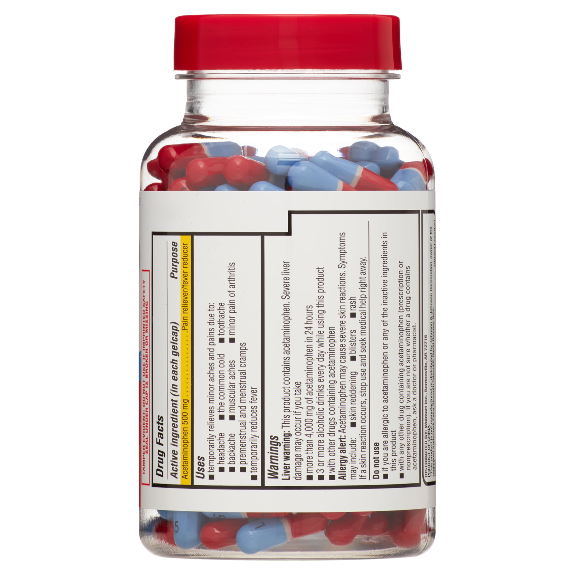 Equate Extra Strength Pain Reliever Acetaminophen Gel Caps  500mg  Pain Reliever/Fever Reducer  Easy Open Cap  225 Count  Compare to Tylenol  Extra Strength Rapid Release Gels Active Ingredient