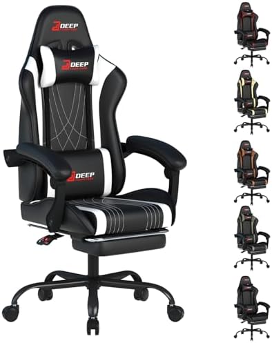 Ergonomic Gaming Chair with Footrest and Lumbar Massage  Racing Office Chair  High Back Computer Desk Chair with Headrest Pillow for Adults  Video Game Chair for PC Gamer  1001 White 