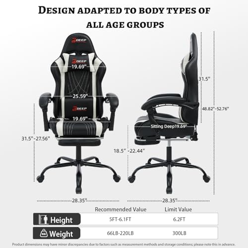 Ergonomic Gaming Chair with Footrest and Lumbar Massage  Racing Office Chair  High Back Computer Desk Chair with Headrest Pillow for Adults  Video Game Chair for PC Gamer  1001 White 