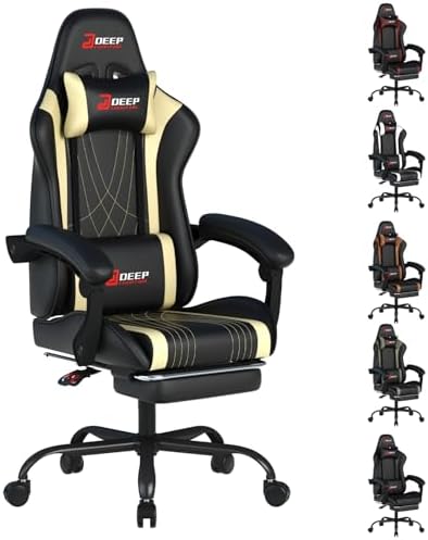 Ergonomic Gaming Chair with Footrest and Lumbar Massage  Racing Office Chair  High Back Computer Desk Chair with Headrest Pillow for Adults  Video Game Chair for PC Gamer  1001 White 