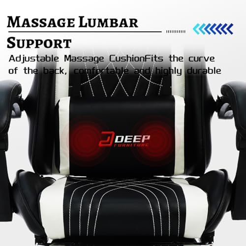Ergonomic Gaming Chair with Footrest and Lumbar Massage  Racing Office Chair  High Back Computer Desk Chair with Headrest Pillow for Adults  Video Game Chair for PC Gamer  1001 White 