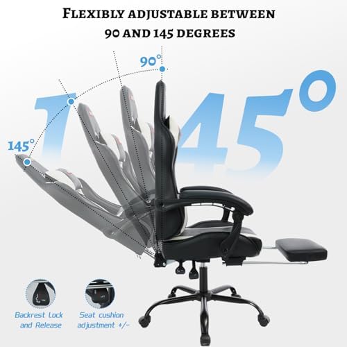 Ergonomic Gaming Chair with Footrest and Lumbar Massage  Racing Office Chair  High Back Computer Desk Chair with Headrest Pillow for Adults  Video Game Chair for PC Gamer  1001 White 