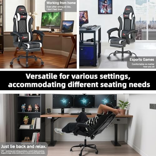 Ergonomic Gaming Chair with Footrest and Lumbar Massage  Racing Office Chair  High Back Computer Desk Chair with Headrest Pillow for Adults  Video Game Chair for PC Gamer  1001 White 