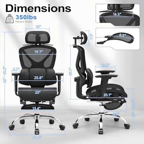 Ergonomic Mesh Office Chair  Home Desk Chair Comfy with Adjustable Lumbar Support 3D Headrest and Armrests  Reclining Big and Tall High Back Computer Gaming Chairs for Man Women  350lbs Black