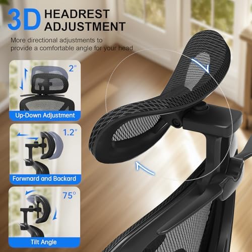 Ergonomic Mesh Office Chair  Home Desk Chair Comfy with Adjustable Lumbar Support 3D Headrest and Armrests  Reclining Big and Tall High Back Computer Gaming Chairs for Man Women  350lbs Black