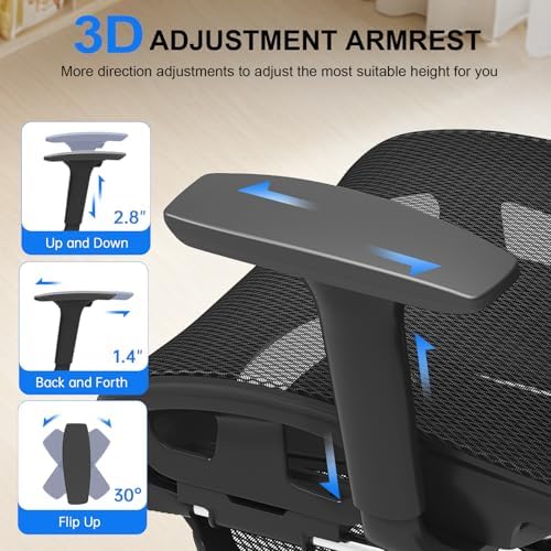 Ergonomic Mesh Office Chair  Home Desk Chair Comfy with Adjustable Lumbar Support 3D Headrest and Armrests  Reclining Big and Tall High Back Computer Gaming Chairs for Man Women  350lbs Black