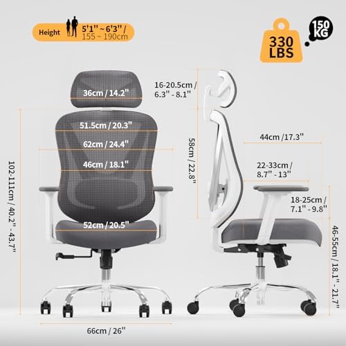 Ergonomic Mesh Office Chair   3D Adjustable Lumbar Support & 3D Armrests  V Shaped Back  Adjustable Desk Chair for Office & Home  White