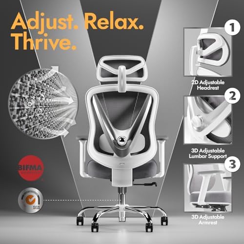 Ergonomic Mesh Office Chair   3D Adjustable Lumbar Support & 3D Armrests  V Shaped Back  Adjustable Desk Chair for Office & Home  White