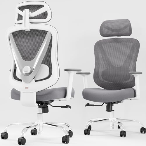 Ergonomic Mesh Office Chair   3D Adjustable Lumbar Support & 3D Armrests  V Shaped Back  Adjustable Desk Chair for Office & Home  White