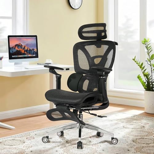 Ergonomic Mesh Office & Gaming Chair with Footrest  High Back Home Office Desk Chair  Comfortable 3D Lumbar Support  130  Tilt  Adjustable Seat Depth  Adjustable 6D Armrest & 3D Headrest Black Pro 