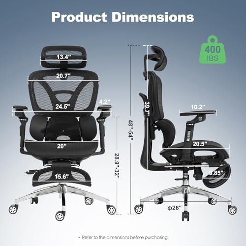 Ergonomic Mesh Office & Gaming Chair with Footrest  High Back Home Office Desk Chair  Comfortable 3D Lumbar Support  130  Tilt  Adjustable Seat Depth  Adjustable 6D Armrest & 3D Headrest Black Pro 