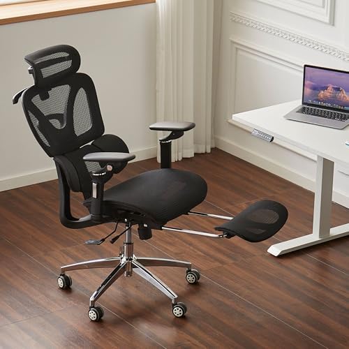 Ergonomic Mesh Office & Gaming Chair with Footrest  High Back Home Office Desk Chair  Comfortable 3D Lumbar Support  130  Tilt  Adjustable Seat Depth  Adjustable 6D Armrest & 3D Headrest Black Pro 