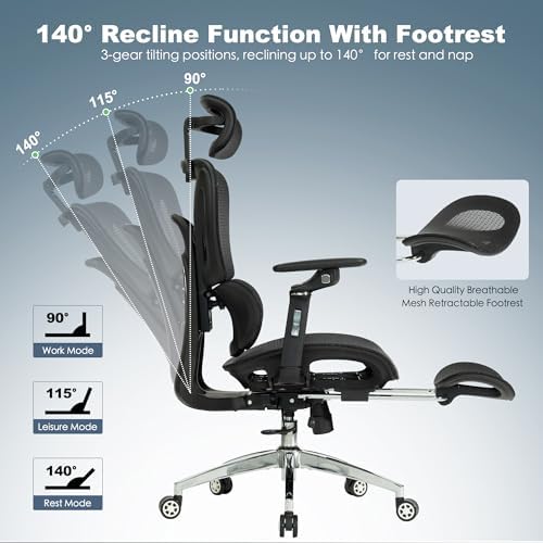 Ergonomic Mesh Office & Gaming Chair with Footrest  High Back Home Office Desk Chair  Comfortable 3D Lumbar Support  130  Tilt  Adjustable Seat Depth  Adjustable 6D Armrest & 3D Headrest Black Pro 