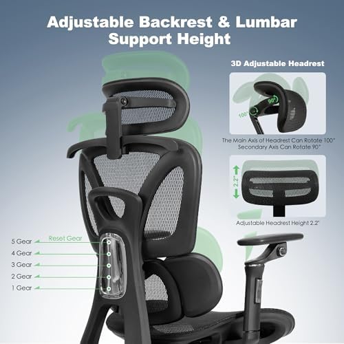 Ergonomic Mesh Office & Gaming Chair with Footrest  High Back Home Office Desk Chair  Comfortable 3D Lumbar Support  130  Tilt  Adjustable Seat Depth  Adjustable 6D Armrest & 3D Headrest Black Pro 