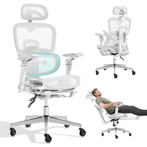 Ergonomic Office Chair with 9D Arms Adjustable Seat Depth 3D Lumbar Support 135  Recline 3D Headrest & Footrest Mesh Computer Desk Chair   Ultimate Comfort for Home & Executive Office White