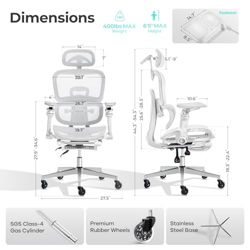Ergonomic Office Chair with 9D Arms Adjustable Seat Depth 3D Lumbar Support 135  Recline 3D Headrest & Footrest Mesh Computer Desk Chair   Ultimate Comfort for Home & Executive Office White