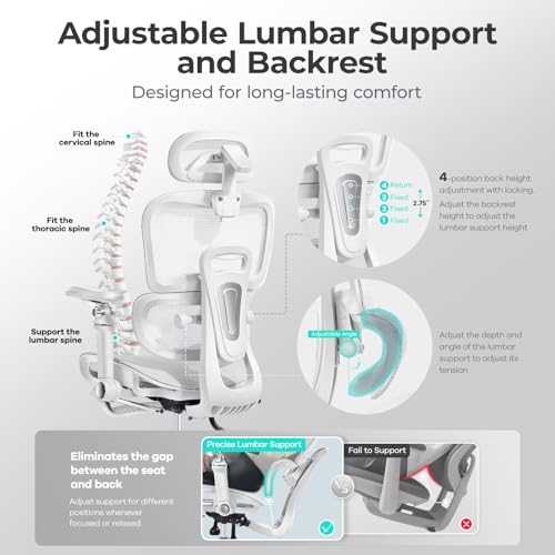 Ergonomic Office Chair with 9D Arms Adjustable Seat Depth 3D Lumbar Support 135  Recline 3D Headrest & Footrest Mesh Computer Desk Chair   Ultimate Comfort for Home & Executive Office White