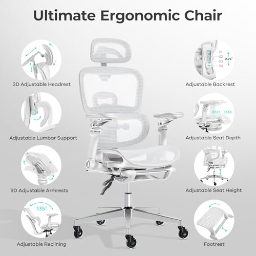 Ergonomic Office Chair with 9D Arms Adjustable Seat Depth 3D Lumbar Support 135  Recline 3D Headrest & Footrest Mesh Computer Desk Chair   Ultimate Comfort for Home & Executive Office White