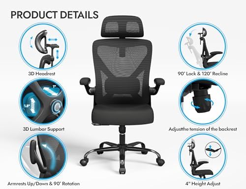 Ergonomic Office Chair   X Shaped Computer Desk Chair Comfy  Gaming Chair  Office Chair with Lumbar Support  Mesh Office Chairs with Headrests  Desk Chair for Long Hours  Black Silver 