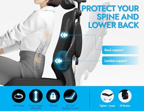 Ergonomic Office Chair   X Shaped Computer Desk Chair Comfy  Gaming Chair  Office Chair with Lumbar Support  Mesh Office Chairs with Headrests  Desk Chair for Long Hours  Black Silver 