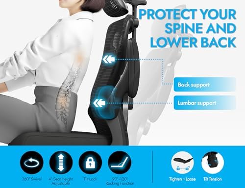 Ergonomic Office Chair   X Shaped Computer Desk Chair Comfy  Gaming Chair  Office Chair with Lumbar Support  Mesh Office Chairs with Headrests  Desk Chair for Long Hours  Black Silver 