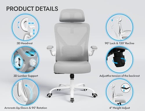 Ergonomic Office Chair   X Shaped Computer Desk Chair Comfy  Gaming Chair  Office Chair with Lumbar Support  Mesh Office Chairs with Headrests  Desk Chair for Long Hours  Black Silver 