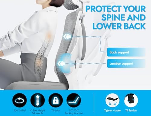 Ergonomic Office Chair   X Shaped Computer Desk Chair Comfy  Gaming Chair  Office Chair with Lumbar Support  Mesh Office Chairs with Headrests  Desk Chair for Long Hours  Black Silver 