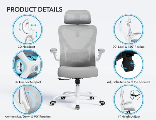 Ergonomic Office Chair   X Shaped Computer Desk Chair Comfy  Gaming Chair  Office Chair with Lumbar Support  Mesh Office Chairs with Headrests  Desk Chair for Long Hours  Black Silver 