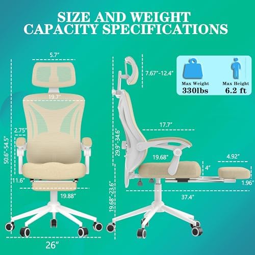 Ergonomic Office Chair with Footrest   Adjustable Lumbar Support & Headrest  90 160  Reclining Mesh Back Computer Chair   Home Office/Gaming  350lbs Capacity  SGS Certified 