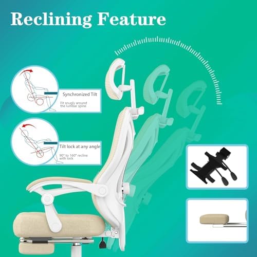 Ergonomic Office Chair with Footrest   Adjustable Lumbar Support & Headrest  90 160  Reclining Mesh Back Computer Chair   Home Office/Gaming  350lbs Capacity  SGS Certified 