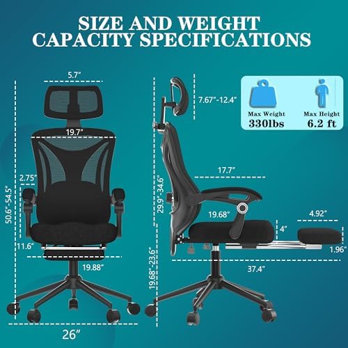 Ergonomic Office Chair with Footrest   Adjustable Lumbar Support & Headrest  90 160  Reclining Mesh Back Computer Chair   Home Office/Gaming  350lbs Capacity  SGS Certified 