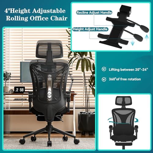 Ergonomic Office Chair with Footrest   Adjustable Lumbar Support & Headrest  90 160  Reclining Mesh Back Computer Chair   Home Office/Gaming  350lbs Capacity  SGS Certified 