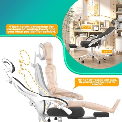 Ergonomic Office Chair with Footrest   Adjustable Lumbar Support & Headrest  90 160  Reclining Mesh Back Computer Chair   Home Office/Gaming  350lbs Capacity  SGS Certified 